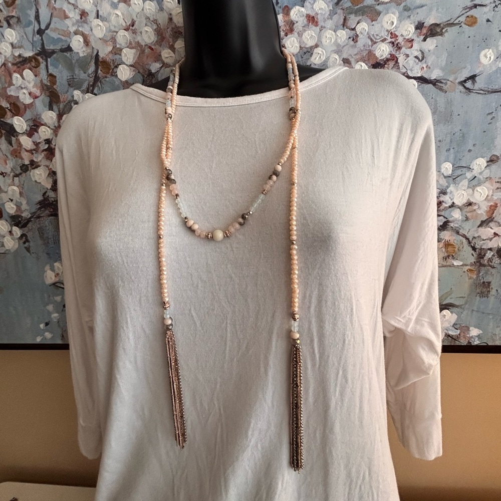 Beaded Pale Pink and Grey Wrap Necklace with Tassels